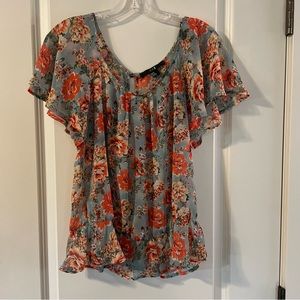 Junior Misses Forever XXI Aqua Coral Floral Sheer Top Size M